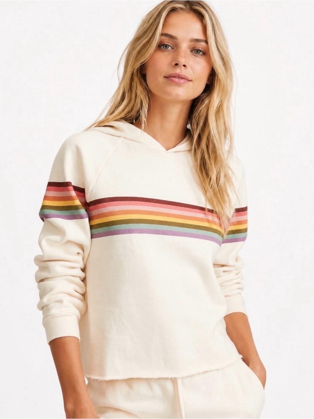 Marine Layer Women's Cream Anytime Stripes Cropped Raw Hem Hoodie Small